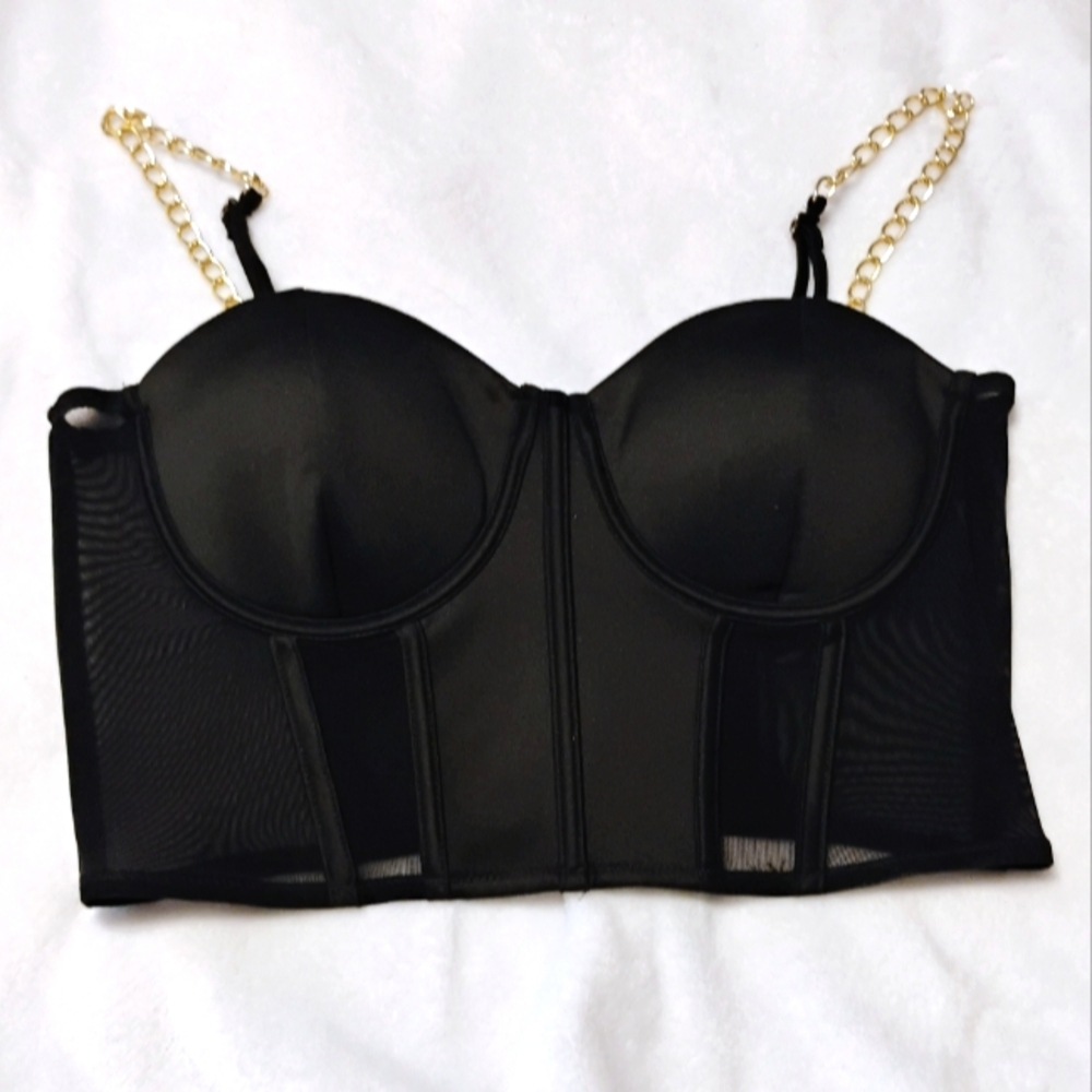 Black Bustier Top with Gold Chain Straps